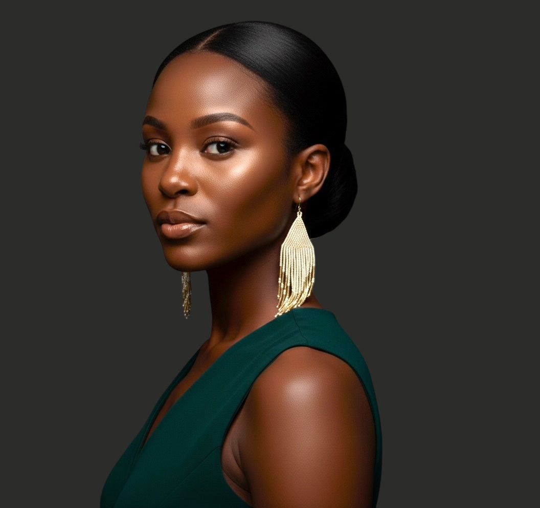 Boho Ivory and Gold Beaded Fringe Earrings – Handmade Statement Dangles - Fatisha Boutique #