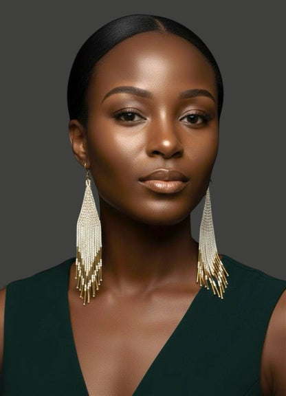 Boho Ivory and Gold Beaded Fringe Earrings – Handmade Statement Dangles - Fatisha Boutique #