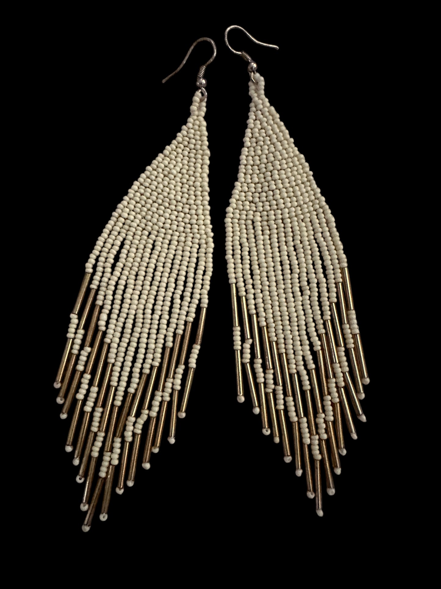 Boho Ivory and Gold Beaded Fringe Earrings – Handmade Statement Dangles - Fatisha Boutique #