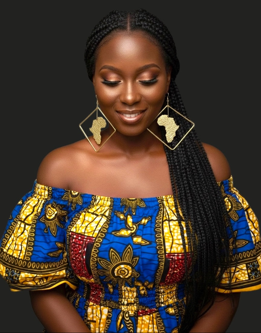 Africa Map Brass Earrings with Diamond Frame – Afrocentric Statement Jewellery - Fatisha Boutique #