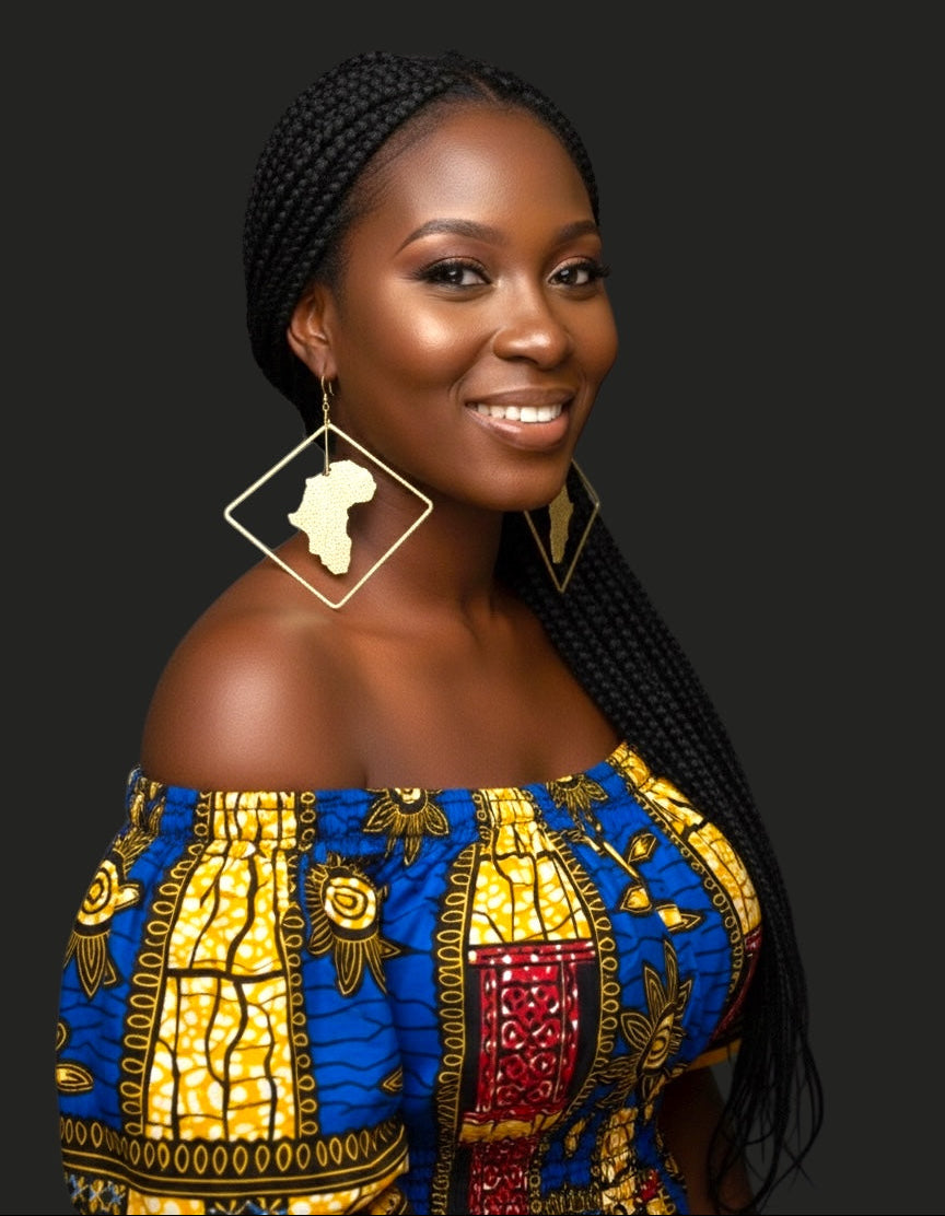 Africa Map Brass Earrings with Diamond Frame – Afrocentric Statement Jewellery - Fatisha Boutique #