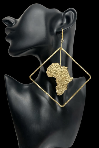 Africa Map Brass Earrings with Diamond Frame – Afrocentric Statement Jewellery - Fatisha Boutique #