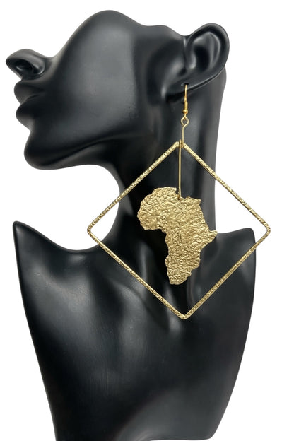 Africa Map Brass Earrings with Diamond Frame – Afrocentric Statement Jewellery - Fatisha Boutique #
