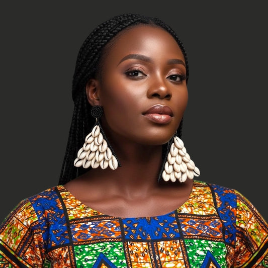 African Cowrie Shell Triangle Earrings – Bold Handmade Beaded Statement Jewellery - Fatisha Boutique #
