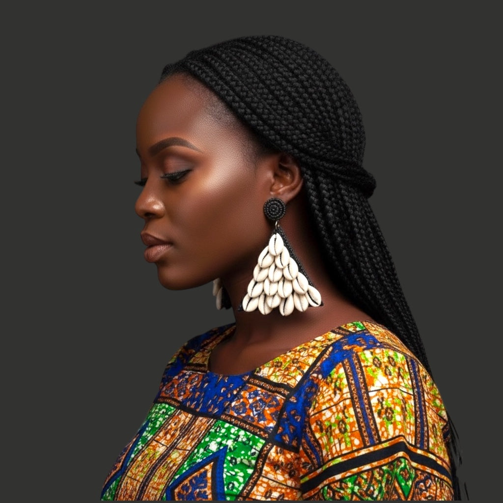 African Cowrie Shell Triangle Earrings – Bold Handmade Beaded Statement Jewellery - Fatisha Boutique #