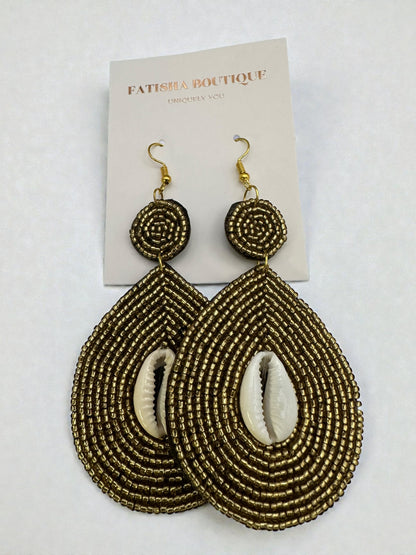 Handmade Gold Beaded Cowrie Shell Earrings – Afrocentric Tribal Statement Drops - Fatisha Boutique #