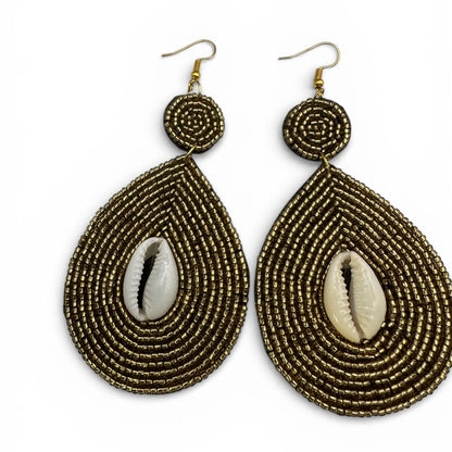 Handmade Gold Beaded Cowrie Shell Earrings – Afrocentric Tribal Statement Drops - Fatisha Boutique #