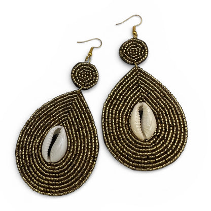 Handmade Gold Beaded Cowrie Shell Earrings – Afrocentric Tribal Statement Drops - Fatisha Boutique #