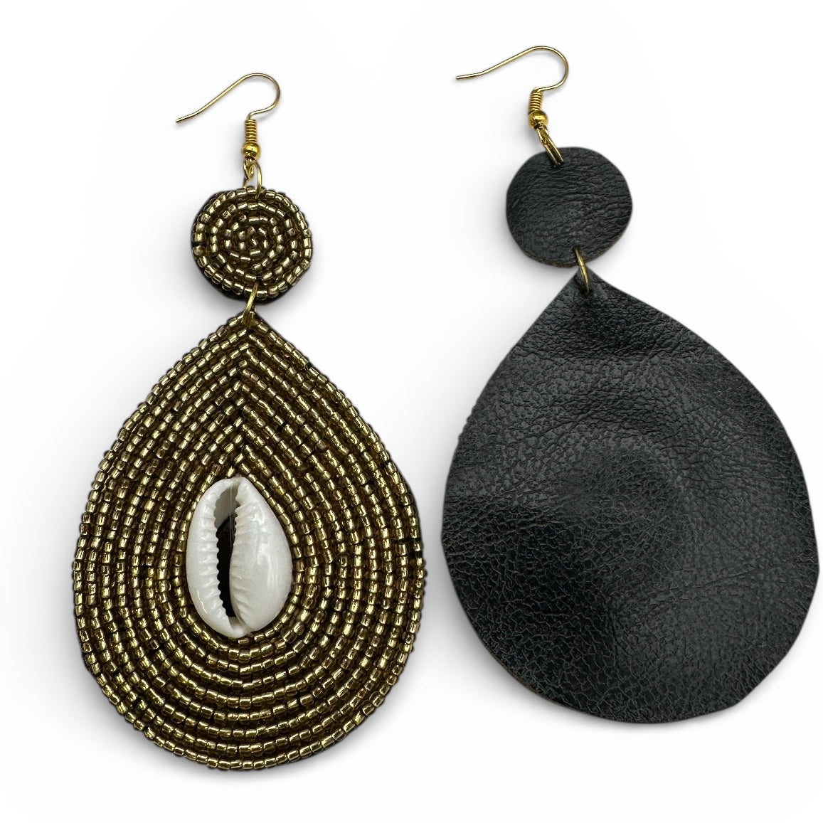 Handmade Gold Beaded Cowrie Shell Earrings – Afrocentric Tribal Statement Drops - Fatisha Boutique #