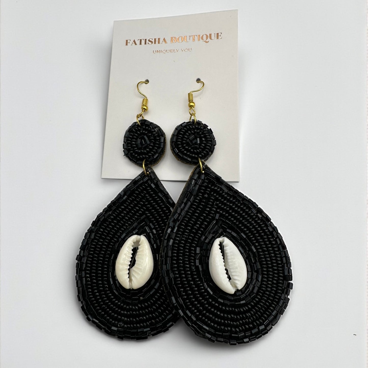 Handmade Black Cowrie Shell Beaded Earrings – African Ethnic Statement Drop Jewellery - Fatisha Boutique #