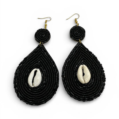 Handmade Black Cowrie Shell Beaded Earrings – African Ethnic Statement Drop Jewellery - Fatisha Boutique #