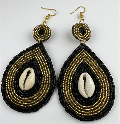 Black & Gold Cowrie Shell Beaded Drop Earrings – Handmade African Statement - Fatisha Boutique #