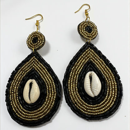 Black & Gold Cowrie Shell Beaded Drop Earrings – Handmade African Statement - Fatisha Boutique #