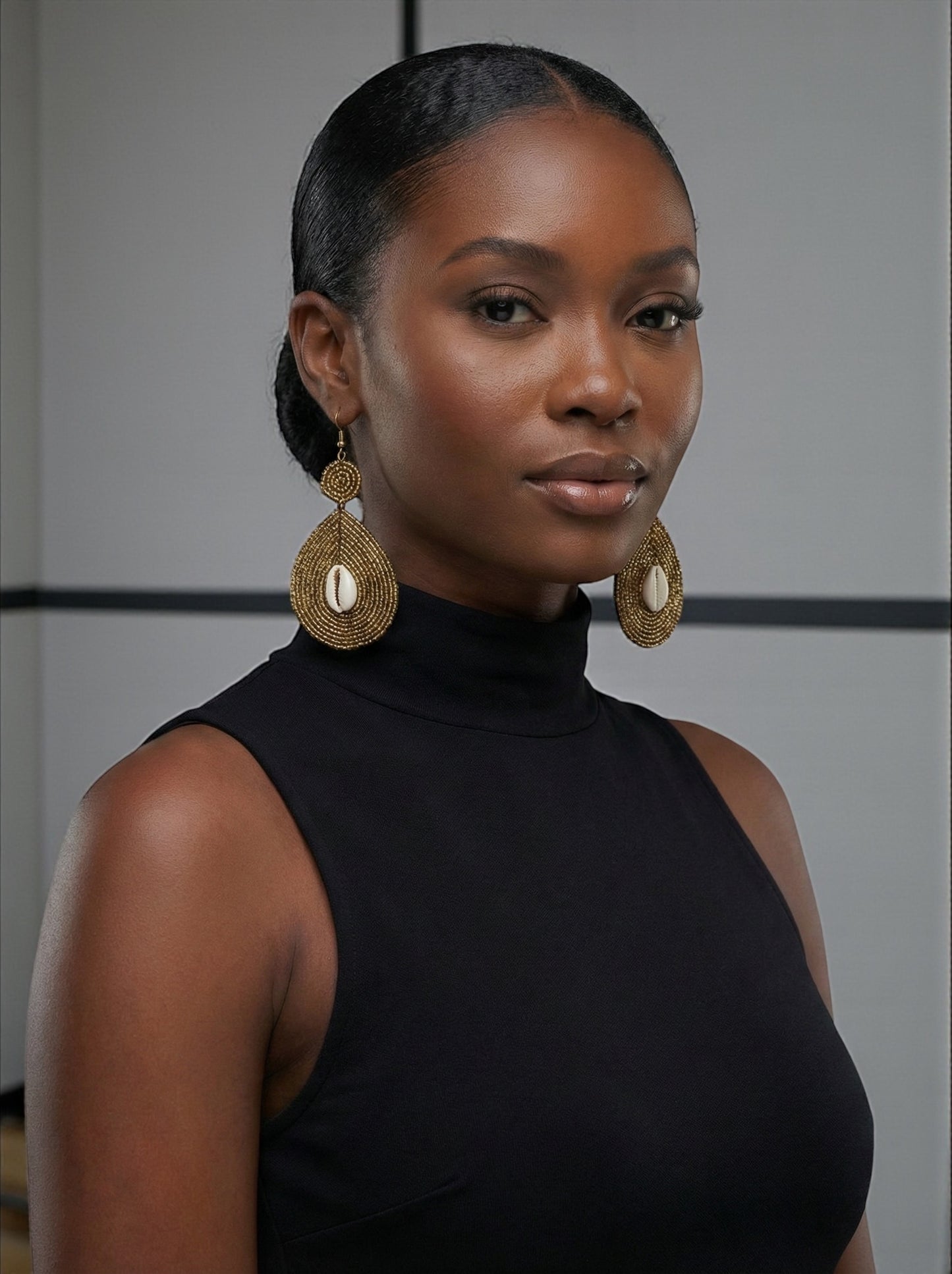 Handmade Gold Beaded Cowrie Shell Earrings – Afrocentric Tribal Statement Drops - Fatisha Boutique #