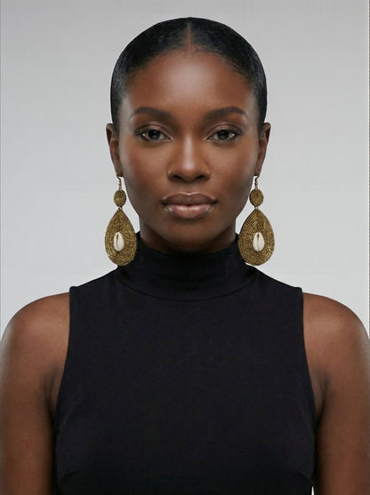 Handmade Gold Beaded Cowrie Shell Earrings – Afrocentric Tribal Statement Drops - Fatisha Boutique #