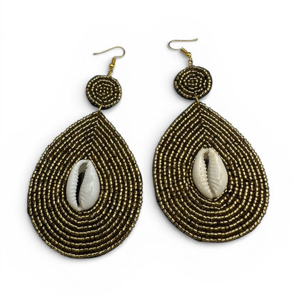 Handmade Gold Beaded Cowrie Shell Earrings – Afrocentric Tribal Statement Drops - Fatisha Boutique #