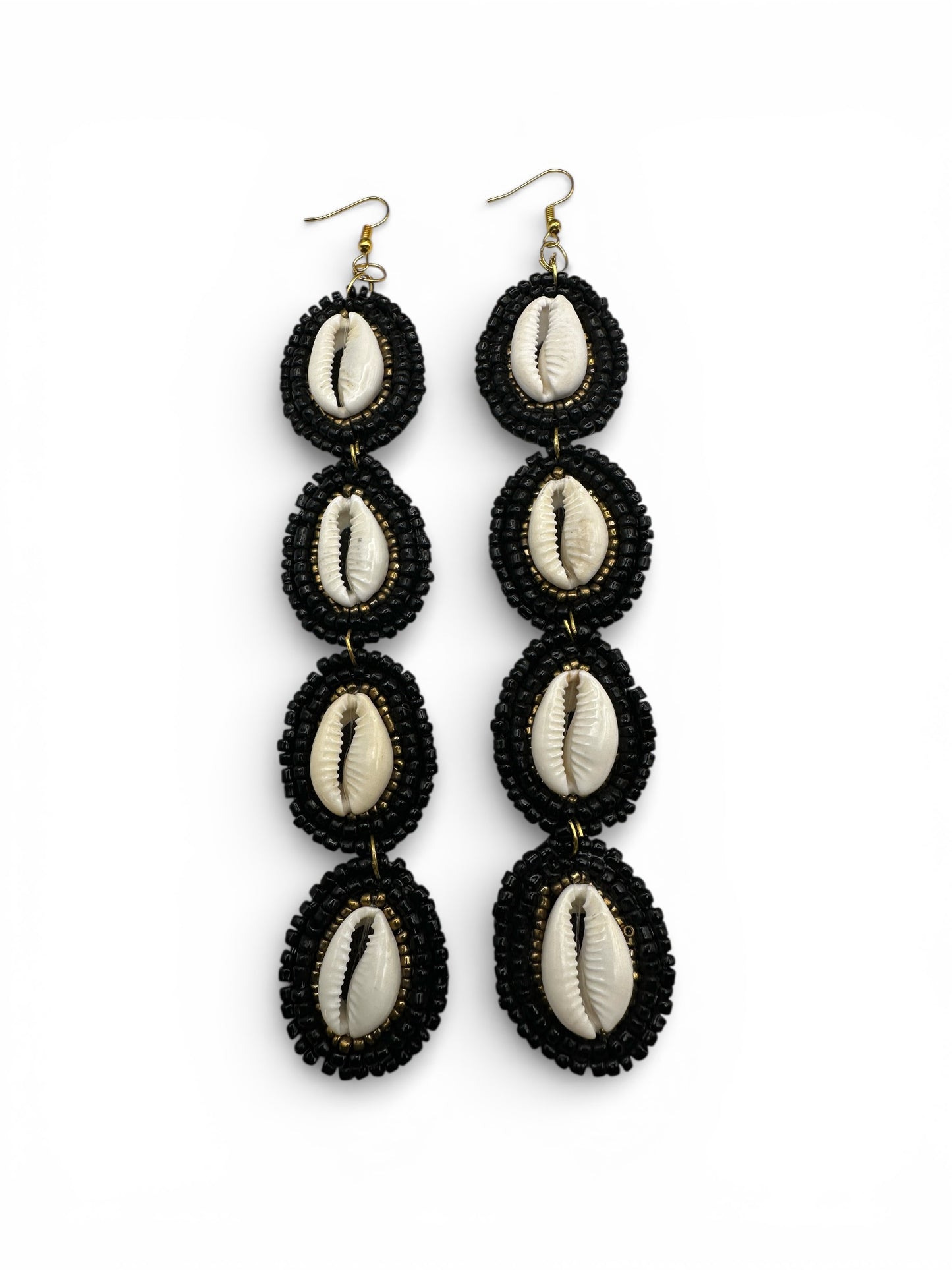 Handmade Black Beaded Cowrie Shell Statement Earrings – Afrocentric Long Drop Jewellery - Fatisha Boutique #