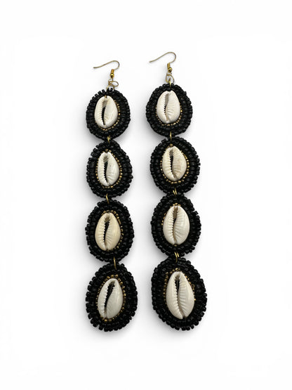 Handmade Black Beaded Cowrie Shell Statement Earrings – Afrocentric Long Drop Jewellery - Fatisha Boutique #