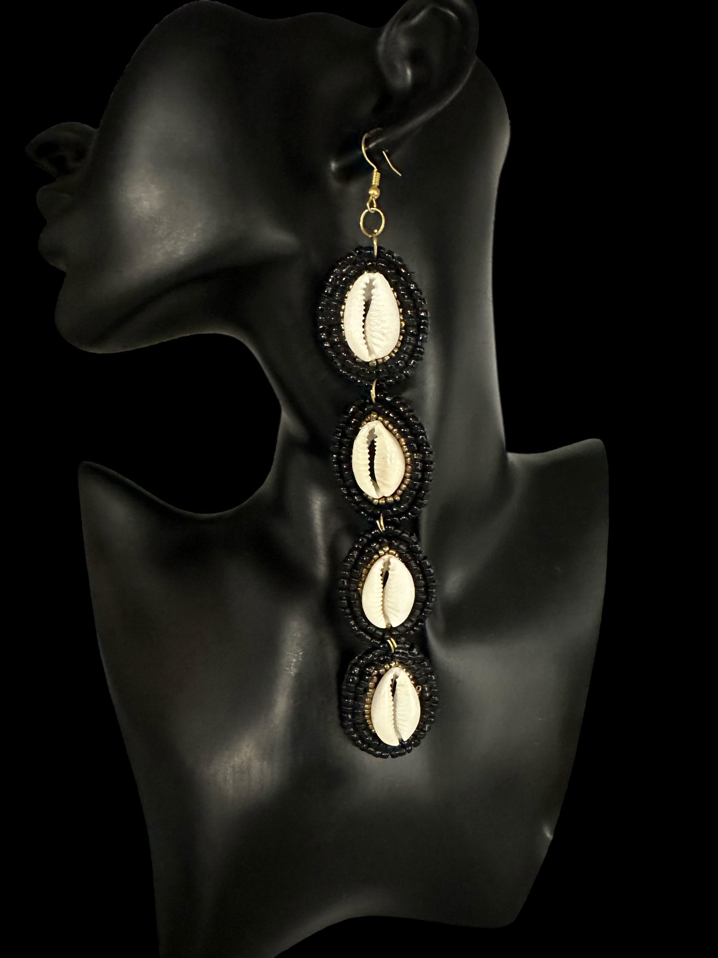 Handmade Black Beaded Cowrie Shell Statement Earrings – Afrocentric Long Drop Jewellery - Fatisha Boutique #