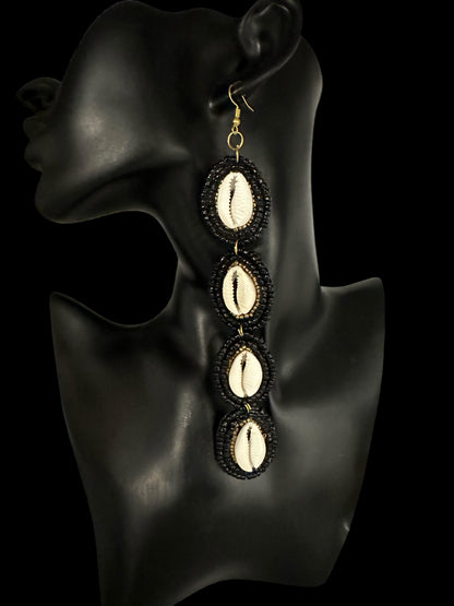 Handmade Black Beaded Cowrie Shell Statement Earrings – Afrocentric Long Drop Jewellery - Fatisha Boutique #