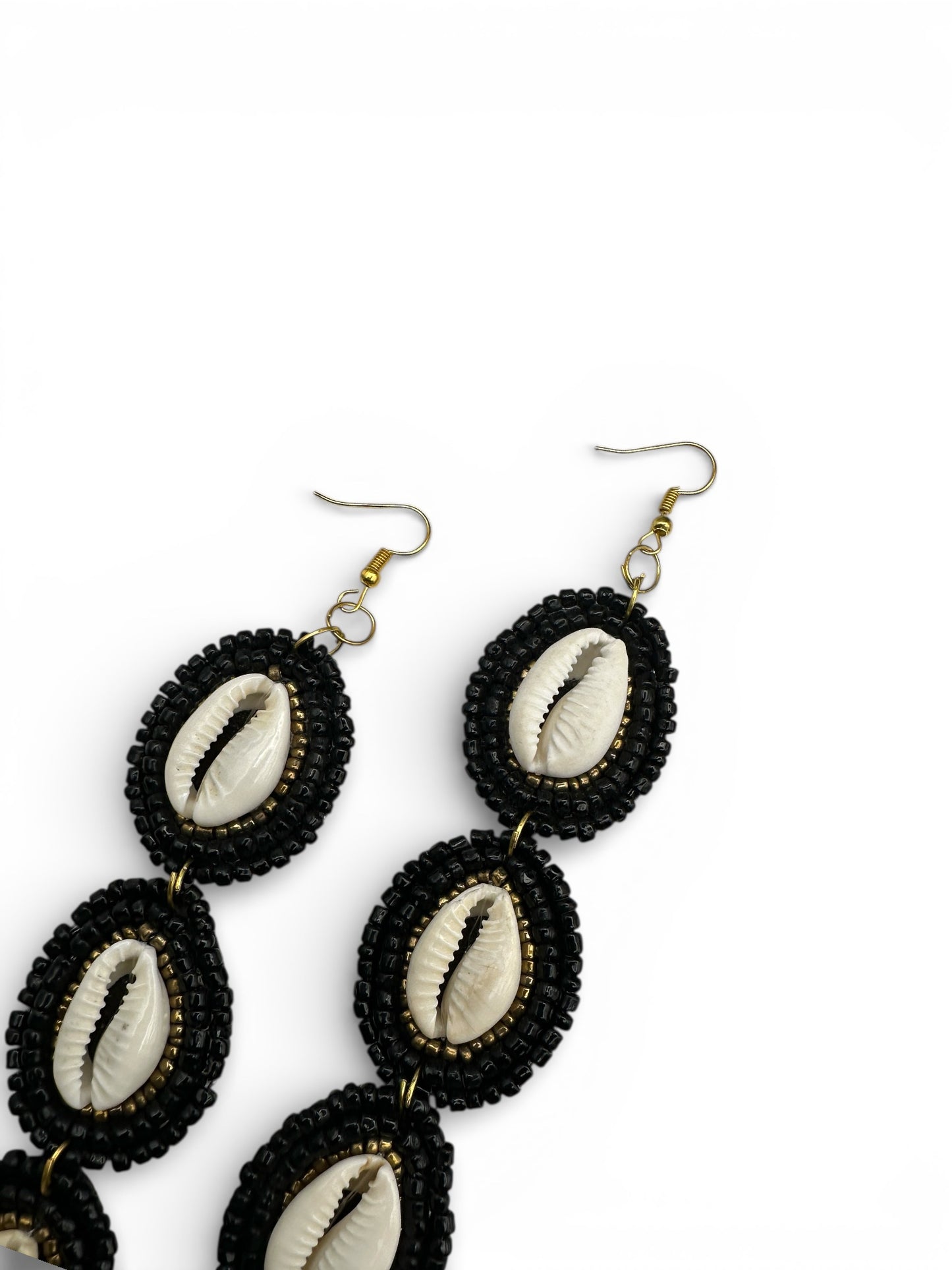 Handmade Black Beaded Cowrie Shell Statement Earrings – Afrocentric Long Drop Jewellery - Fatisha Boutique #