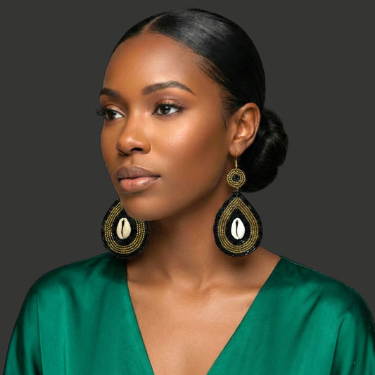 Black & Gold Cowrie Shell Beaded Drop Earrings – Handmade African Statement
