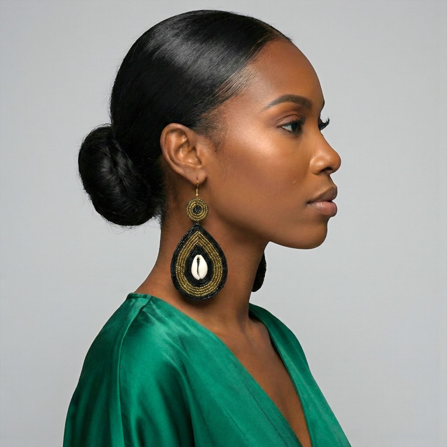 Black & Gold Cowrie Shell Beaded Drop Earrings – Handmade African Statement - Fatisha Boutique #