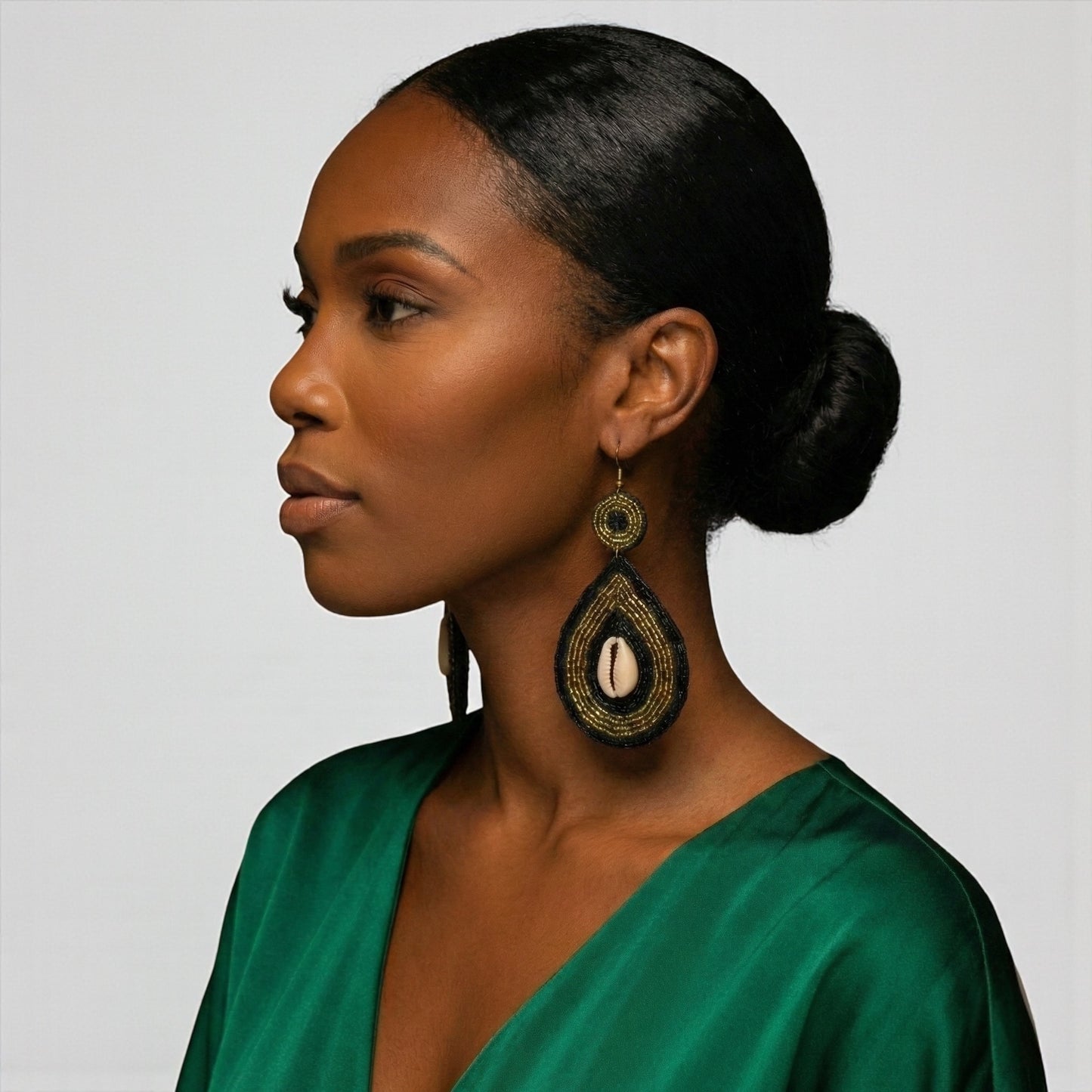 Black & Gold Cowrie Shell Beaded Drop Earrings – Handmade African Statement - Fatisha Boutique #