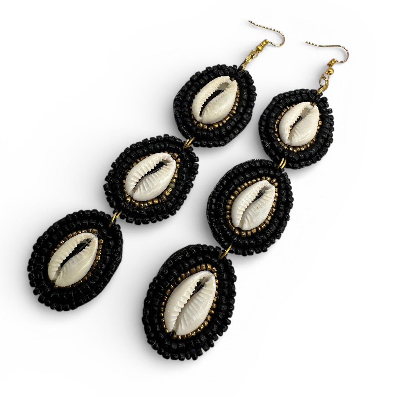 Long Black Beaded Cowrie Shell Drop Earrings – Handmade African Statement Jewellery - Fatisha Boutique #