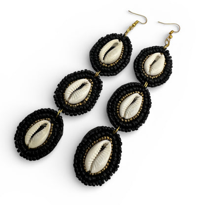 Long Black Beaded Cowrie Shell Drop Earrings – Handmade African Statement Jewellery - Fatisha Boutique #