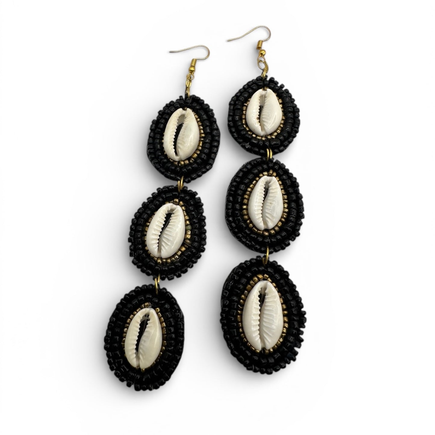 Long Black Beaded Cowrie Shell Drop Earrings – Handmade African Statement Jewellery - Fatisha Boutique #