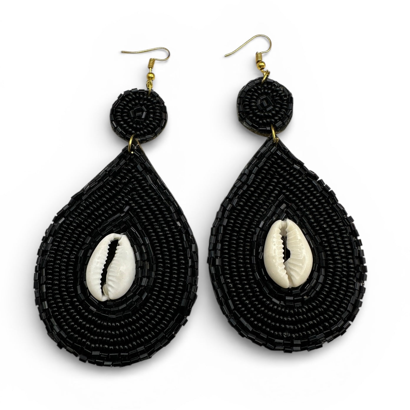 Handmade Black Cowrie Shell Beaded Earrings – African Ethnic Statement Drop Jewellery - Fatisha Boutique #