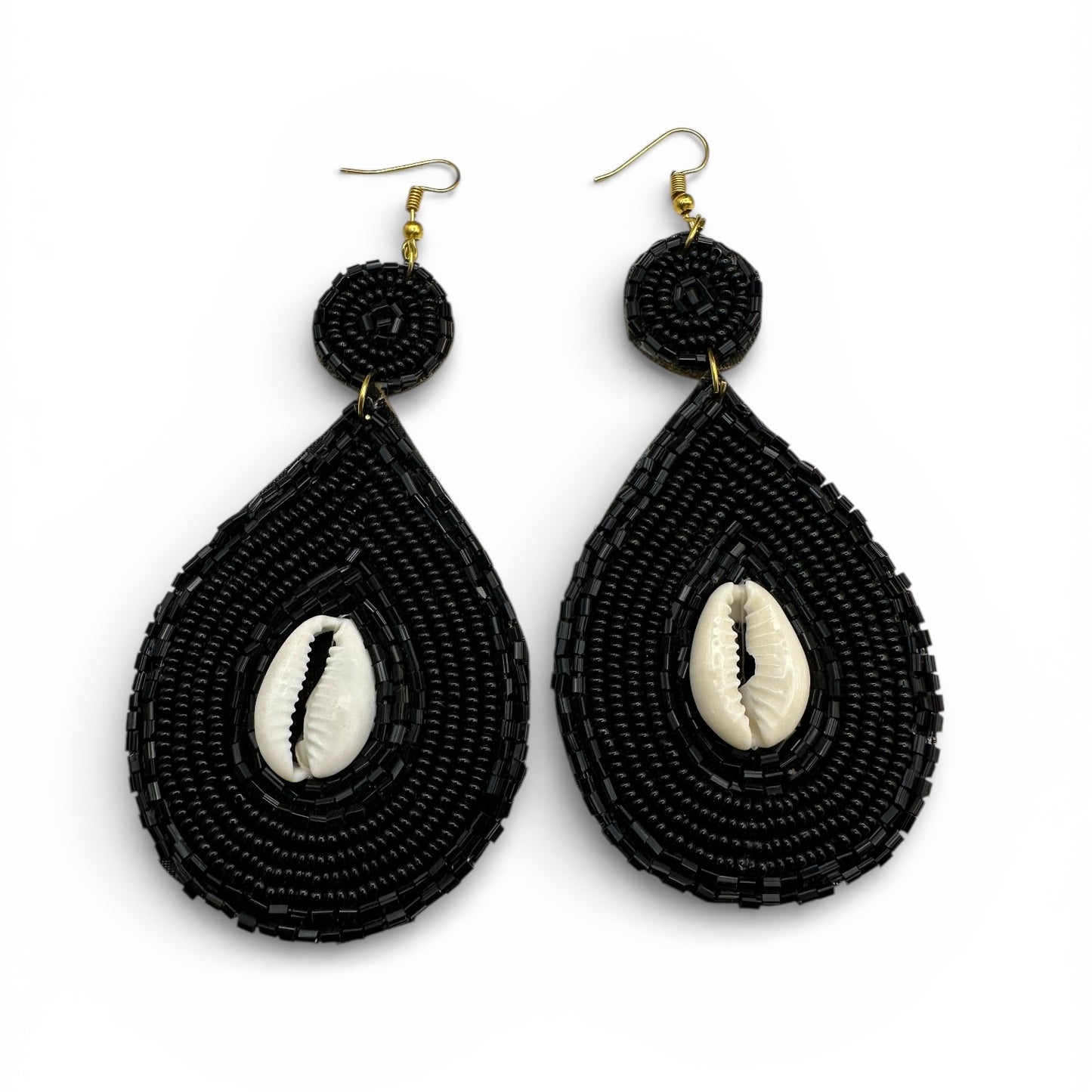 Handmade Black Cowrie Shell Beaded Earrings – African Ethnic Statement Drop Jewellery - Fatisha Boutique #