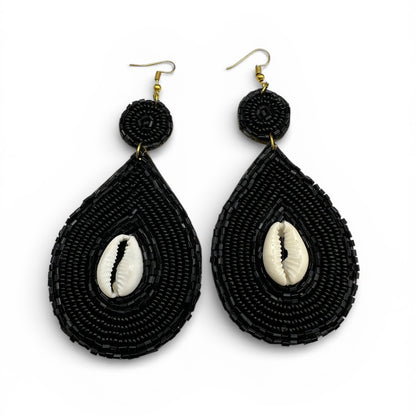 Handmade Black Cowrie Shell Beaded Earrings – African Ethnic Statement Drop Jewellery - Fatisha Boutique #