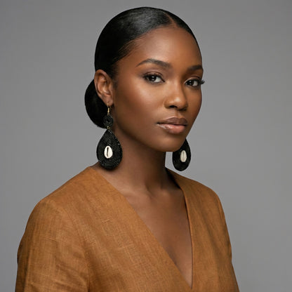 Handmade Black Cowrie Shell Beaded Earrings – African Ethnic Statement Drop Jewellery - Fatisha Boutique #