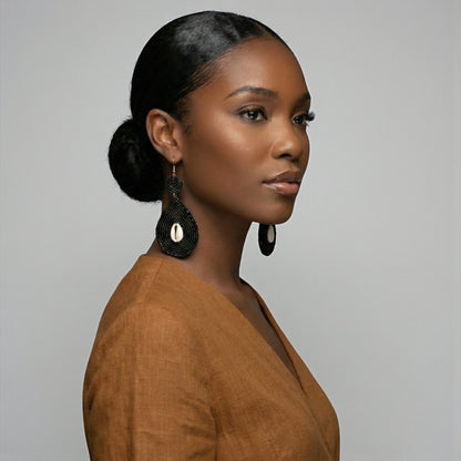 Handmade Black Cowrie Shell Beaded Earrings – African Ethnic Statement Drop Jewellery - Fatisha Boutique #