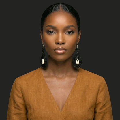 Handmade Black Cowrie Shell Beaded Earrings – African Ethnic Statement Drop Jewellery - Fatisha Boutique #