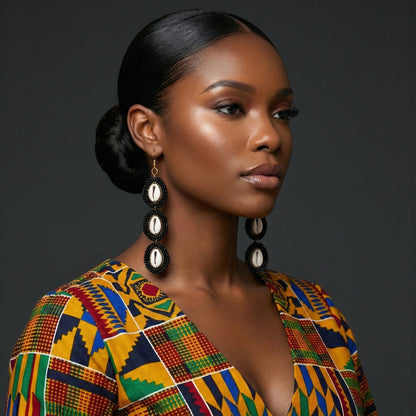 Long Black Beaded Cowrie Shell Drop Earrings – Handmade African Statement Jewellery - Fatisha Boutique #