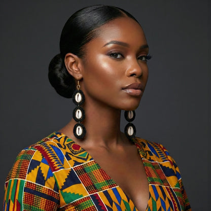 Long Black Beaded Cowrie Shell Drop Earrings – Handmade African Statement Jewellery - Fatisha Boutique #