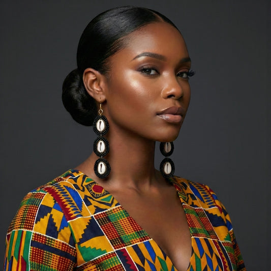 Long Black Beaded Cowrie Shell Drop Earrings – Handmade African Statement Jewellery