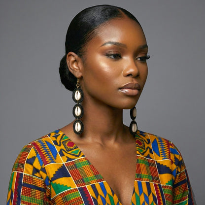 Long Black Beaded Cowrie Shell Drop Earrings – Handmade African Statement Jewellery - Fatisha Boutique #