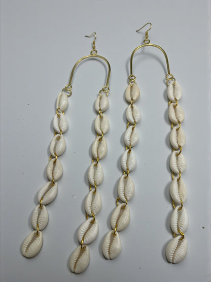 Extra Long Cowrie Shell Drop Earrings – Gold & White African Statement Jewellery - Fatisha Boutique #