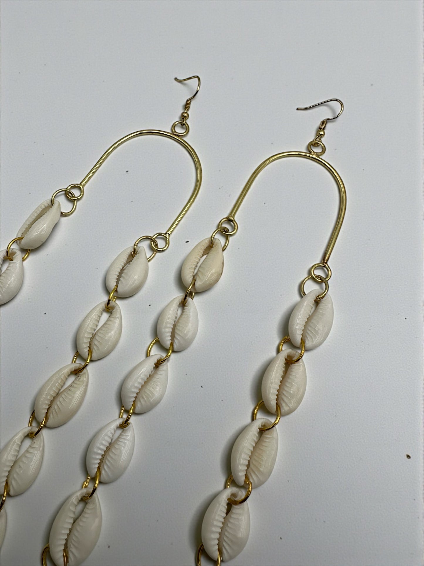 Extra Long Cowrie Shell Drop Earrings – Gold & White African Statement Jewellery - Fatisha Boutique #