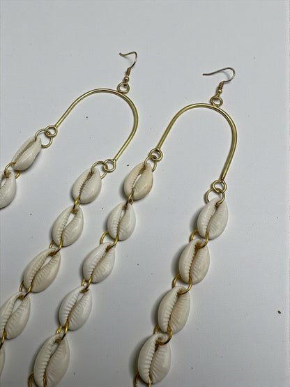 Extra Long Cowrie Shell Drop Earrings – Gold & White African Statement Jewellery - Fatisha Boutique #