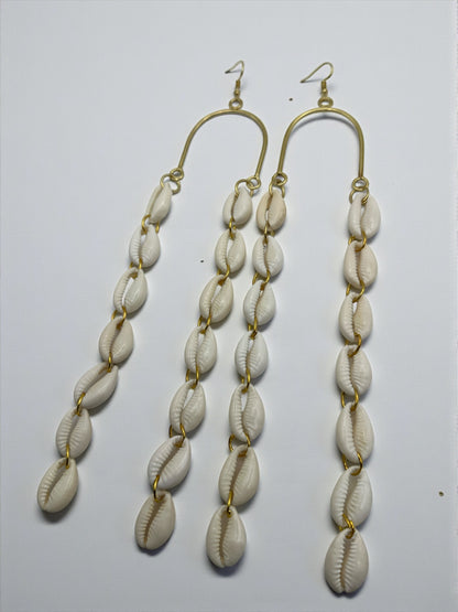 Extra Long Cowrie Shell Drop Earrings – Gold & White African Statement Jewellery - Fatisha Boutique #