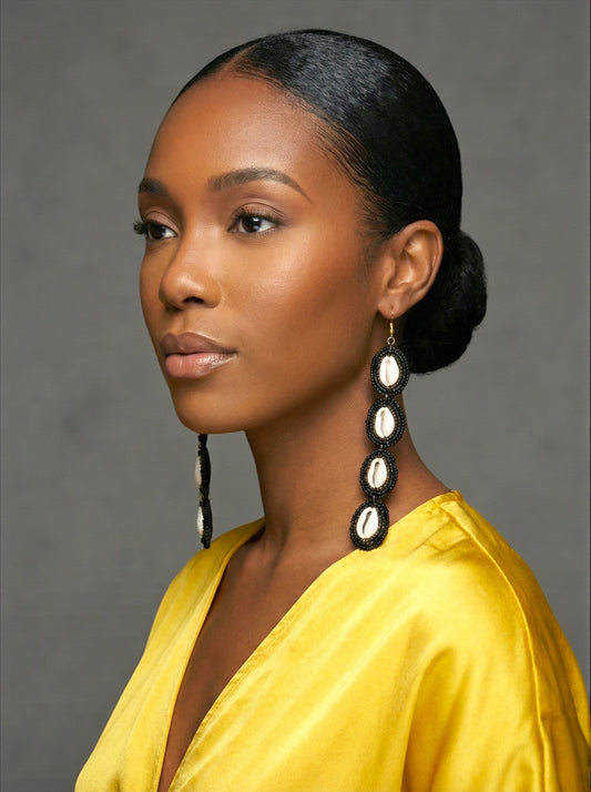 Handmade Black Beaded Cowrie Shell Statement Earrings – Afrocentric Long Drop Jewellery