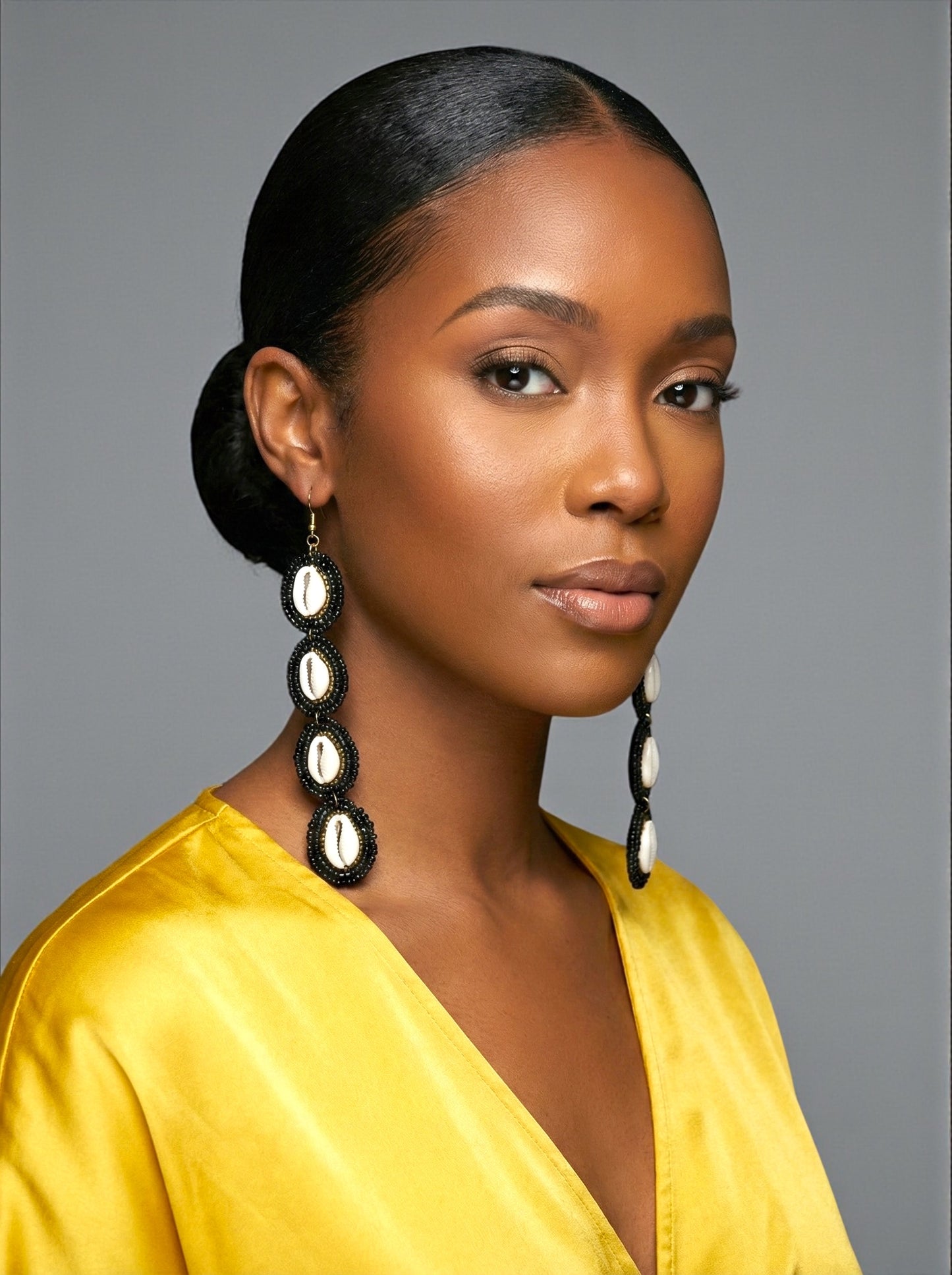 Handmade Black Beaded Cowrie Shell Statement Earrings – Afrocentric Long Drop Jewellery - Fatisha Boutique #