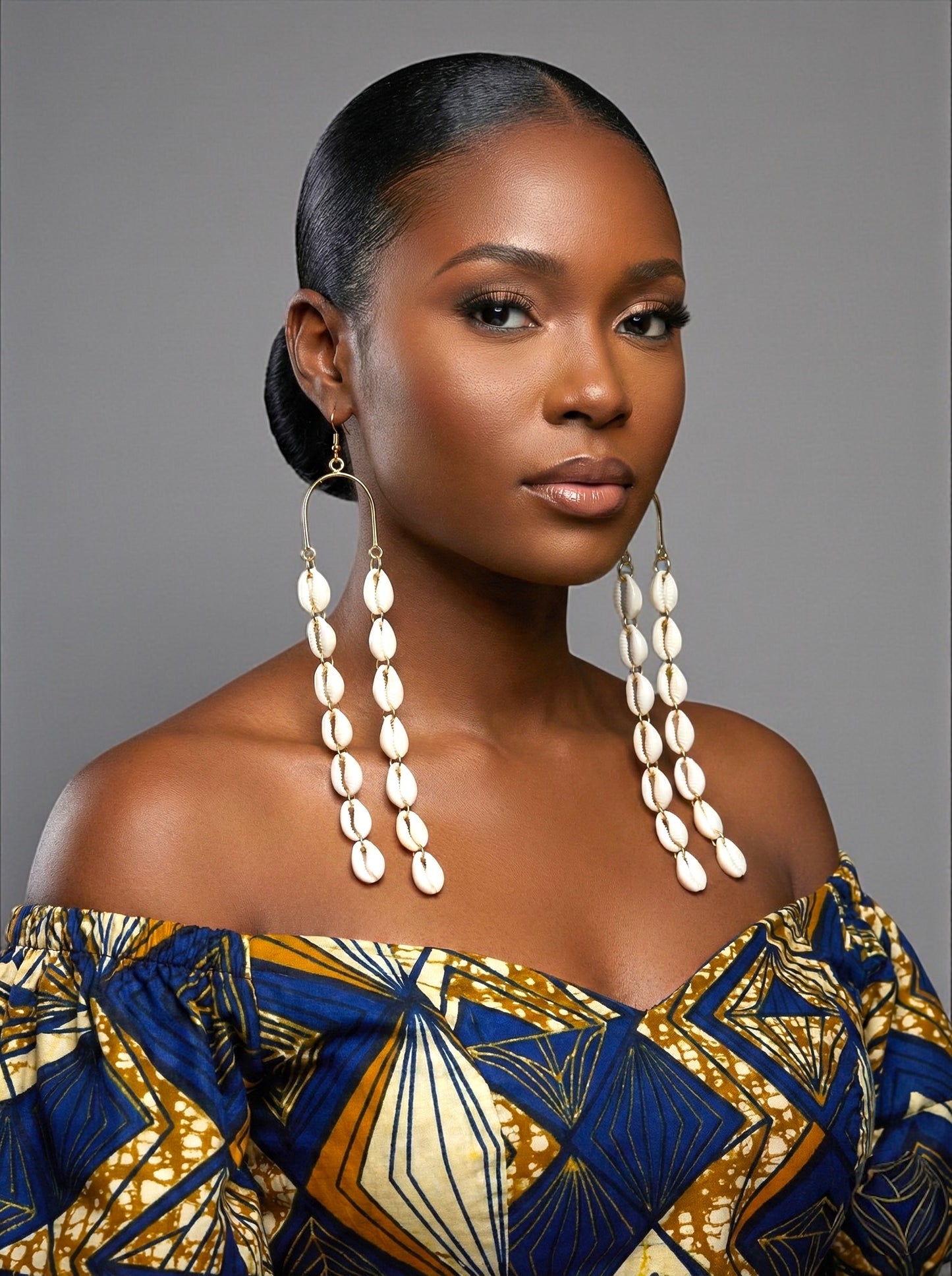 Extra Long Cowrie Shell Drop Earrings – Gold & White African Statement Jewellery - Fatisha Boutique #