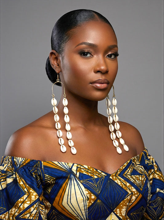 Extra Long Cowrie Shell Drop Earrings – Gold & White African Statement Jewellery