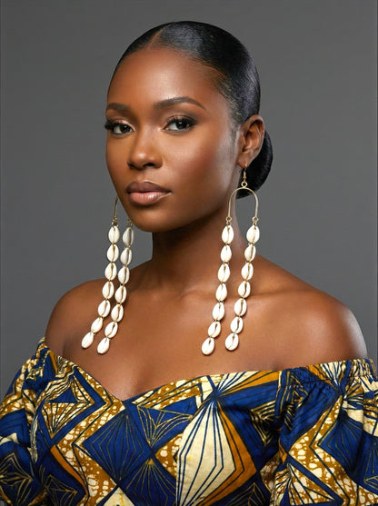 Extra Long Cowrie Shell Drop Earrings – Gold & White African Statement Jewellery - Fatisha Boutique #